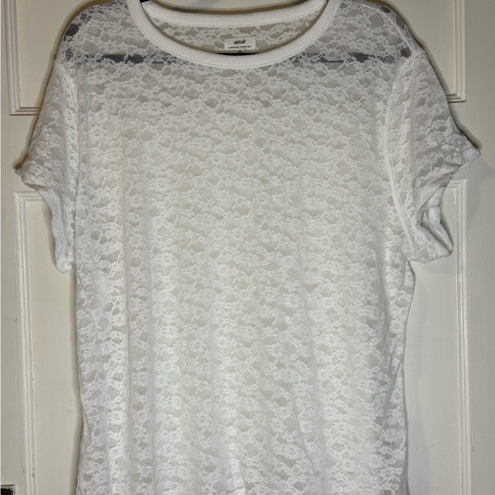 Aerie White Lace Short Sleeve Top